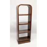AN ART DECO STYLE ROSEWOOD BOOKSHELF with a rounded top and four shelves. 5ft 8ins high x 1ft 11.