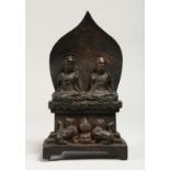 A CHINESE BRONZE SHRINE, cast with a pair of seated figures 8.5ins high