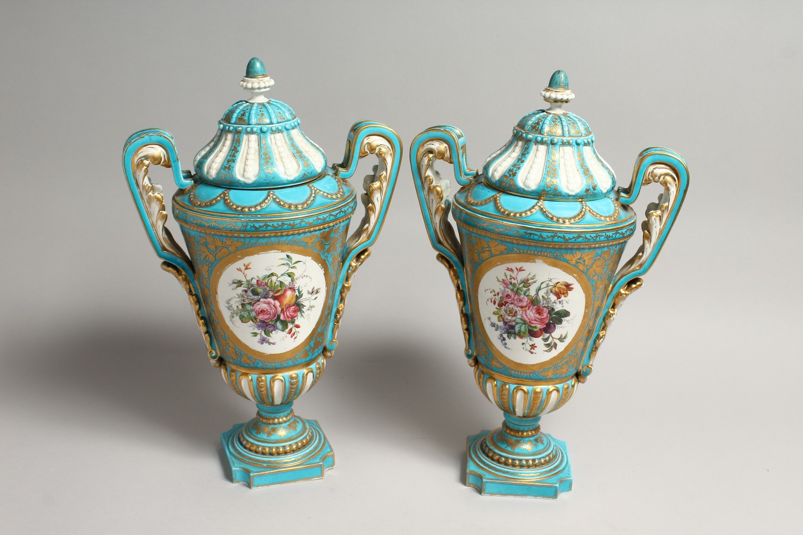 A SUPERB LARGE PAIR OF SEVRES PORCELAIN TWO HANDLED URN SHAPED VASES AND COVERS painted with reverse - Image 5 of 13