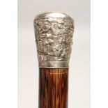 A VERY GOOD 19TH CENTURY CHINESE SILVER TOP WALKING CANE 2ft 11ins long.