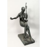 AN UNUSUAL BROZE FIGURE OF A SEATED FEMALE MUSICIAN on a rectangular base 34ins high.