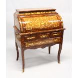 A FRENCH STYLE MARQUETRY ROLL TOP DESK, with fitted interior, three small and one long drawer on