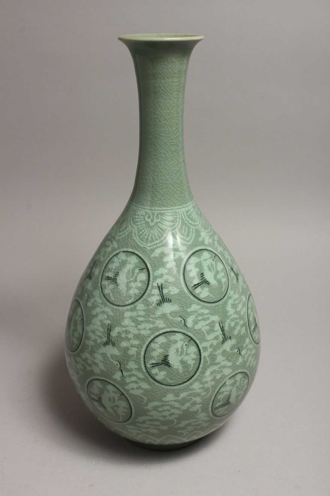 A KOREAN POTTERY BULBOUS VASE painted with storks 14ins high. - Image 4 of 6
