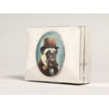 A SILVER TWO DIVISION CIGARETTE BOX London 1923, with an oval enamel pug dog.