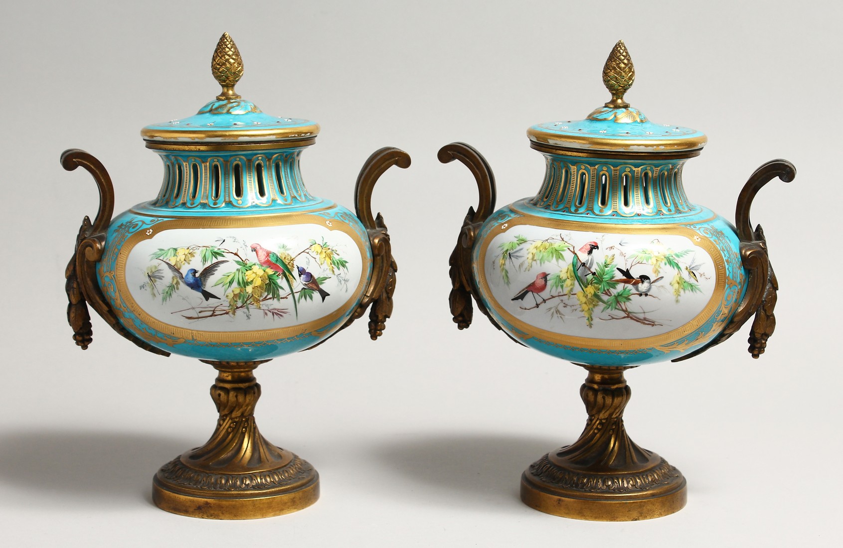 A SUPERB PAIR OF SEVRES PORCELAIN ORMOLU MOUNTED CIRCULAR VASES AND COVERS, painted with reverse