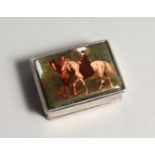 A SILVER AND ENAMEL SNUFF BOX, the lid decorated with figures on horseback. 1.5ins wide