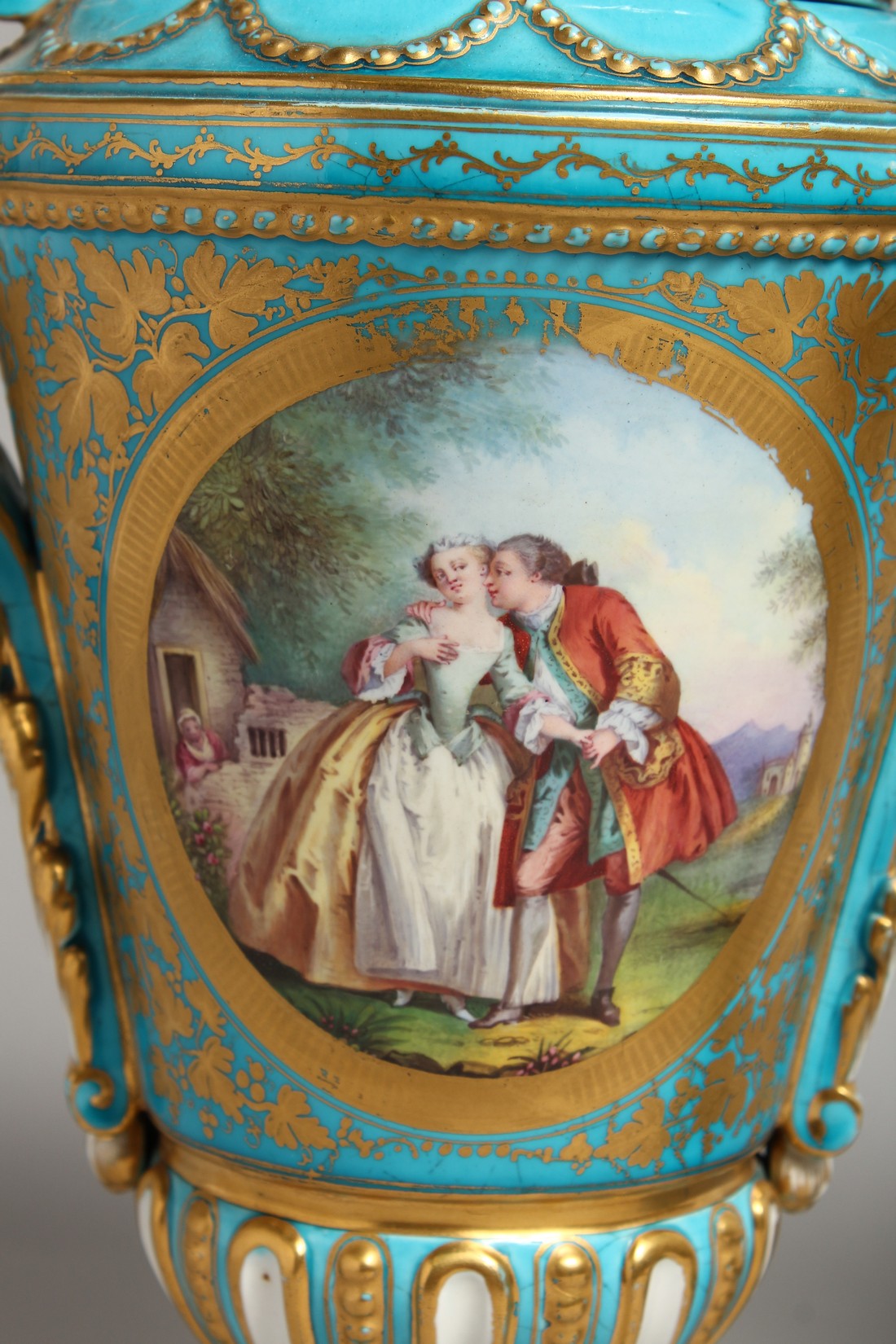 A SUPERB LARGE PAIR OF SEVRES PORCELAIN TWO HANDLED URN SHAPED VASES AND COVERS painted with reverse - Image 2 of 13