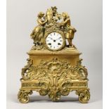 A 19TH CENTURY FRENCH ORMOLU MANTLE CLOCK, with eight day movement, striking on a bell, the ornate