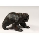 A BLACK FOREST CARVED WOOD MODEL OF A BEAR standing on four legs, mouth open. 10ins long.