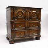 A GOOD LATE 17TH CENTURY LIGHT OAK TWO PIECE LINEN FOLD FRONT CHEST OF THREE DRAWERS, with