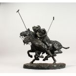 A BRONZE RESIN GROUP,two polo players on horse back in action 14ins high