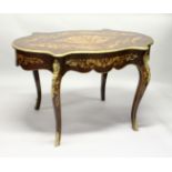 A FRENCH STYLE MARQUETRY INLAID AND ORMOLU MOUNTED BUREAU PLAT, of shaped outline with a single