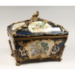 A DECORATIVE PORCELAIN AND ORMOLU MOUNTED SEVRES STYLE CASKET AND COVER. 15ins long