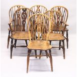 A GOOD SET OF SIX OAK AND ELM WINDSOR WHEEL BACK DINING CHAIRS, two with arms