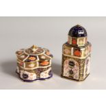 A ROYAL CROWN DERBY JAPAN PATTERN SQUARE SUGAR SIFTER, No. 1128. 6ins high and a SQUARE SUPERB BOX