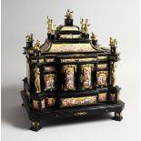 A SUPERB QUALITY 19TH CENTURY VIENNA EBONY, GILT METAL AND ENAMEL TABLE CASKET, fitted with thirteen