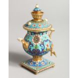 A GOOD MINAITURE RUSSIAN SILVER AND ENAMEL SAMOVAR 4ins high.