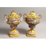 A PAIR OF CONTINENTAL PORCELAIN TWO HANDLED (RAM'S MASK) URNS, COVERS AND STANDS, painted with