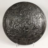 AN IMPRESSIVE CLASSICAL STYLE CAST IRON CIRCULAR PLAQUE, decorated with Greek mythological figures