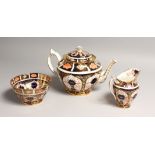 A ROYAL CROWN DERBY JAPAN PATTERN THREE PIECE TEA SET, No. 4021 comprising tea pot, milk jug and