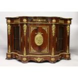 AN IMPRESSIVE VICTORIAN STYLE ROSEWOOD AND ORMOLU MOUNTED CREDENZA, with cream marble top, central