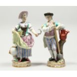 A VERY GOOD PAIR OF MEISSEN PORCELAIN FIGURES, GARDENER AND GARDENERESE, the man standing holding