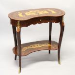 A DECORATIVE MARQUETRY INLAID KIDNEY SHAPE SIDE TABLE, with a single drawer on cabriole legs