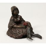 A SMALL EROTIC BRONZE FIGURE OF A SEATED GIRL, holding a posy of flowers 3.5ins high.