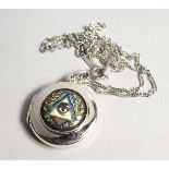 A SILVER AND ENAMEL MASONIC LOCKET AND CHAIN