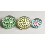 THREE MILLEFIORI PAPERWEIGHTS.