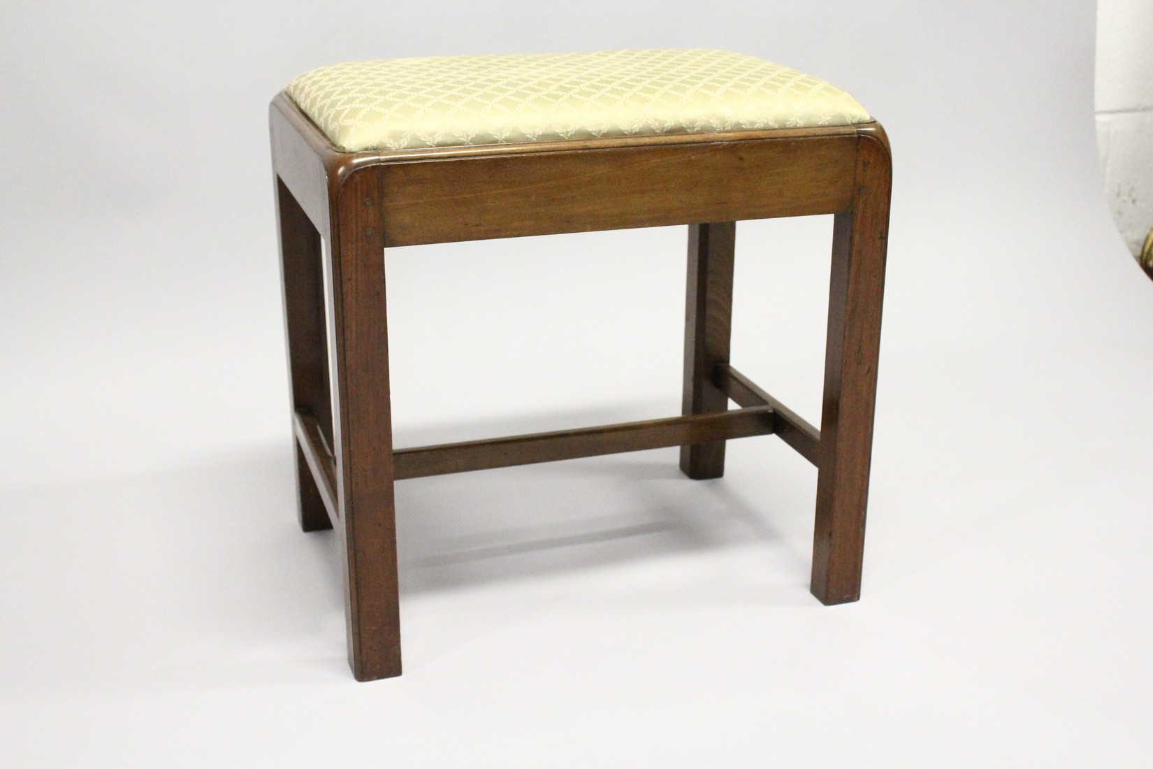 A GEORGE III MAHOGANY RECTANGULAR STOOL, with drop-in seat on moulded square legs united by - Image 3 of 7