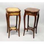 TWO FRENCH STLYE MAHOGANY AND BURRWOOD INLAID TWO TIER SINGLE DRAWER SIDE TABLES on cabriole legs