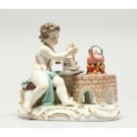 A GOOD MEISSEN PORCELAIN GROUP OF A CHERUB stirring a cup by a stove, with a kettle. Cross swords