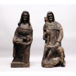 A GOOD PAIR OF 16TH /17TH CENTURY CARVED OAK RELIGIOUS FIGURES, one depicting a hooded man, a