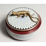 A CIRCULALR PORCELAIN BOX AND COVER with bronze lizard 5ins diameter