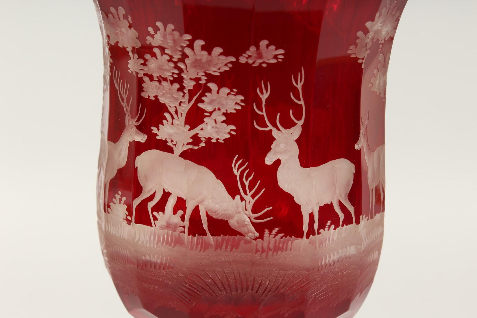 A SUPERB LARGE VICTORIAN BOHEMIAN RUBY GOBLET AND COVER etched with deer in a landscape. 20ins - Image 2 of 14