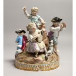 A SUPERB 19TH CENTURY MEISSEN CIRCULAR GROUP OF FIVE CHILDREN on a rock with a dog, depicting