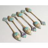 A SET OF SIX RUSSIAN SILVER AND ENAMEL SPOONS Stamped '84' 7ozs.