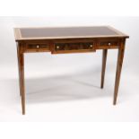 A MAHOGANY WRITING DESK with leather inset top over three drawers on tapering squre legs 3ft 7ins