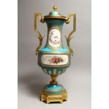 A GOOD LARGE 19TH CENTURY SEVRES PORCELAIN AND ORMOLU TWO HANDLED VASE AND COVER, the light blue