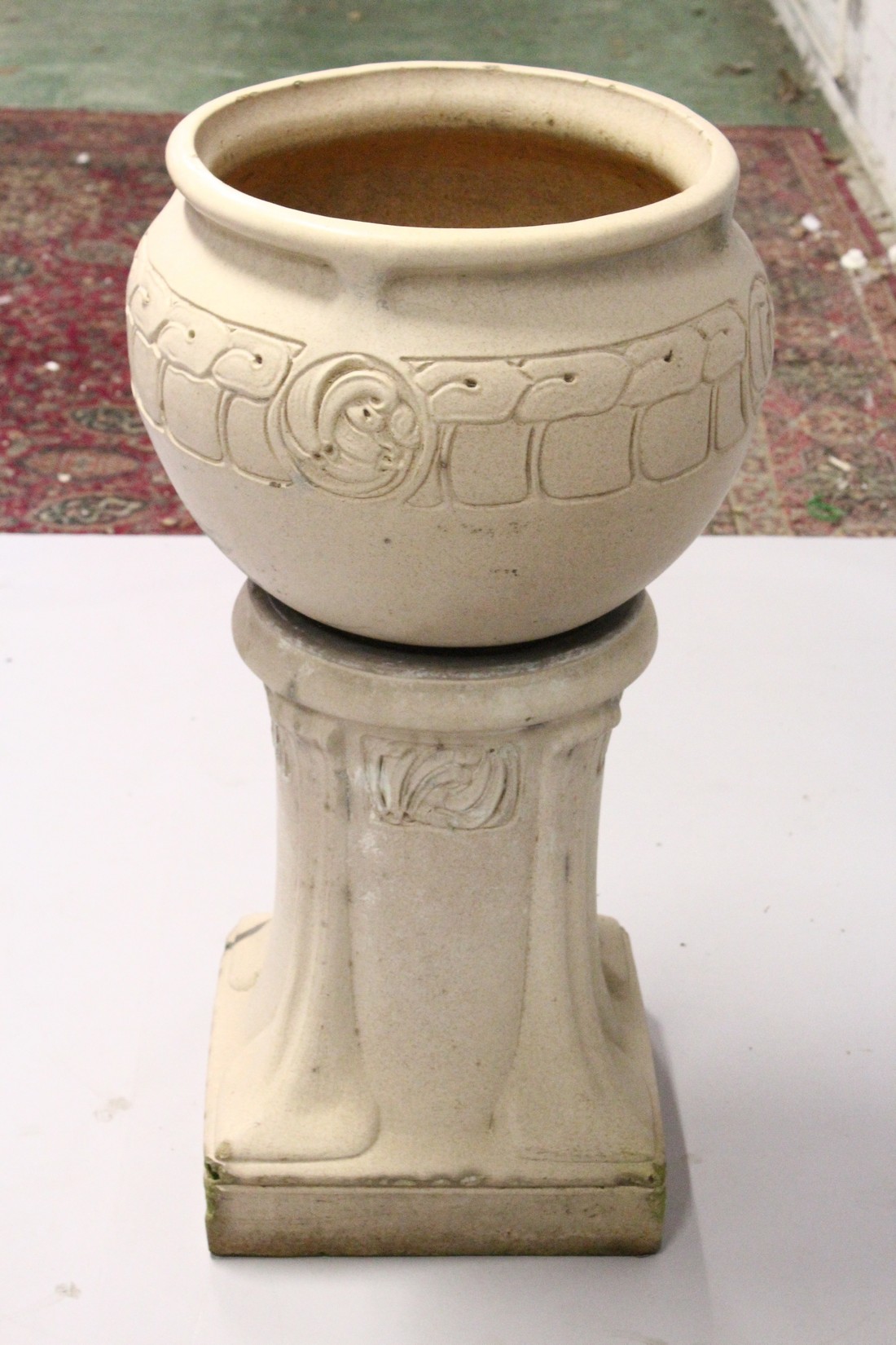 A LEEDS FIRE CLAY LEFCO WARE STONE WARE JARDINIERE AND STAND, the ovid bowl with scrolls 3ft 1ins - Image 3 of 6