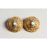 A PAIR OF 18CT. TURQUOISE EAR CLIPS