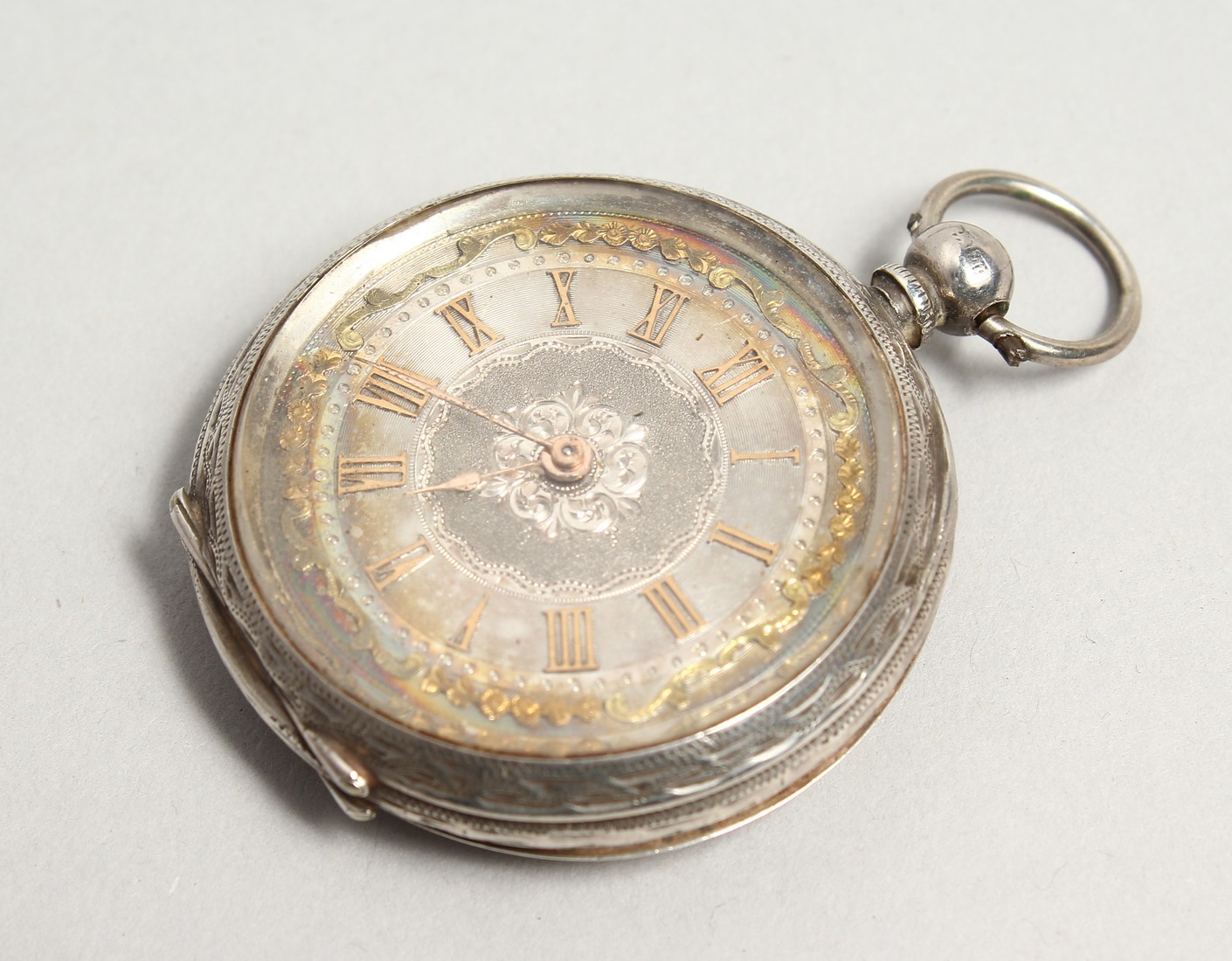 A LADIES VICTORIAN ENGRAVED SILVER FOB WATCH.