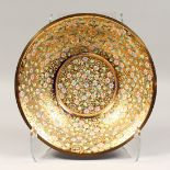 A GOOD MOSER BLUE GLASS CIRCULAR DISH with gilt interior and enamel flowers 12ins diameter.