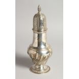 A LARGE SILVER PEDESTAL SUGAR CASTER, with wrythen fluted body, London 1894, 9.75ins high.