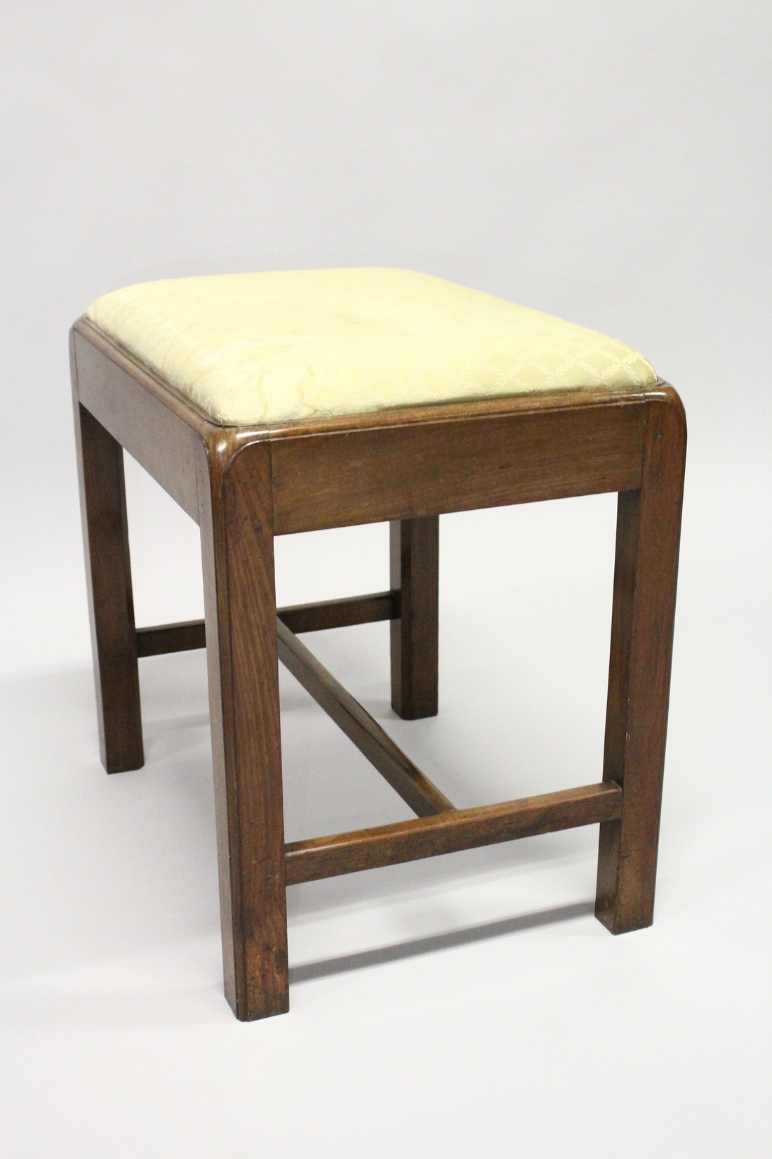 A GEORGE III MAHOGANY RECTANGULAR STOOL, with drop-in seat on moulded square legs united by - Image 4 of 7