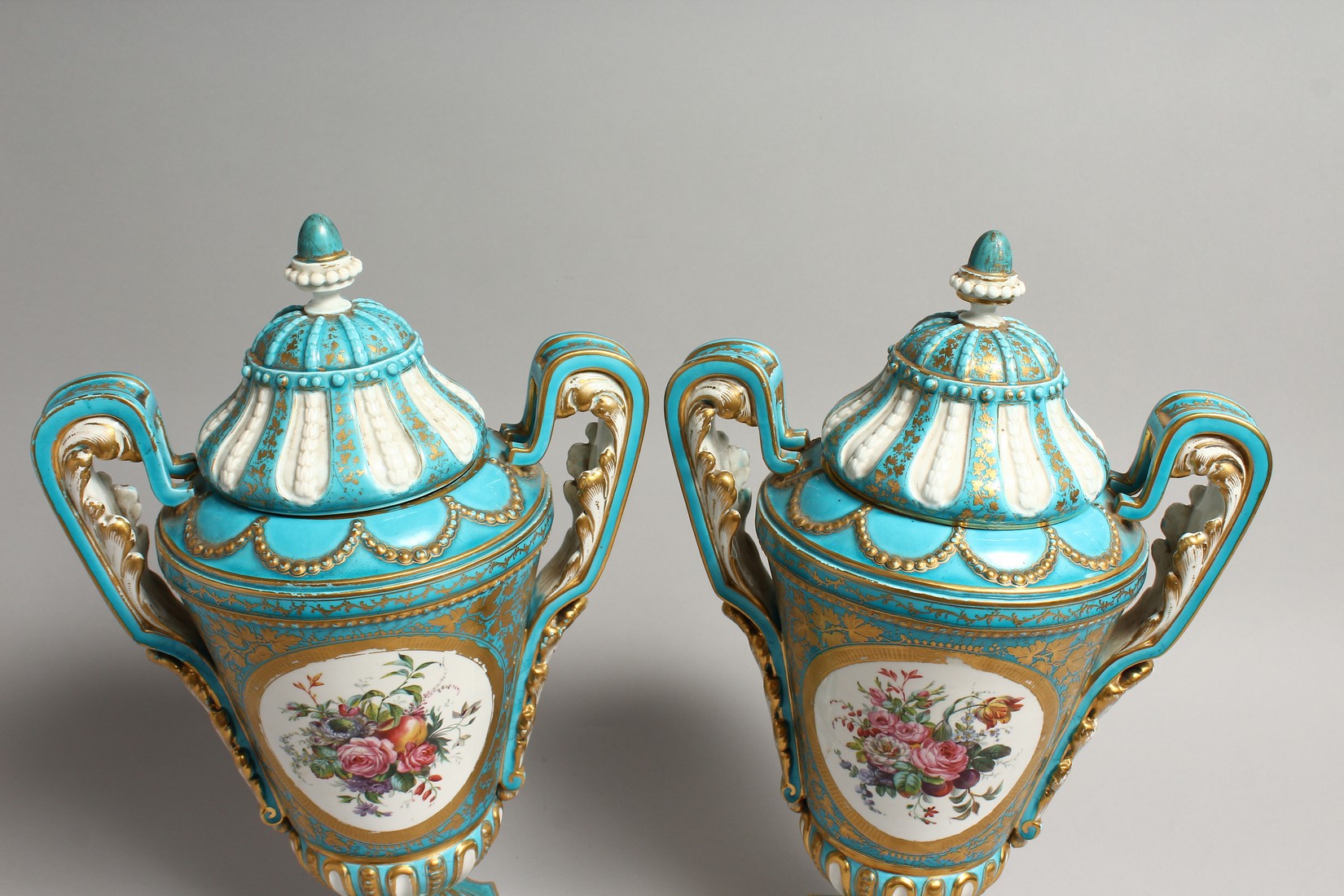 A SUPERB LARGE PAIR OF SEVRES PORCELAIN TWO HANDLED URN SHAPED VASES AND COVERS painted with reverse - Image 8 of 13