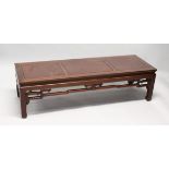 A CHINESE MAHOGANY AND BURRWOOD RECTANGULAR LOW TABLE, with pierced and carved frieze . 5ft long x