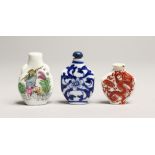 THREE VARIOUS CHINESE PORCELAIN SCENT BOTTLES 1.5ins