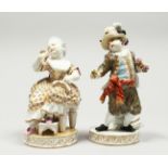 A NEAR PAIR OF MEISSEN PORCELAIN FIGURES OF A YOUNG BOY AND GIRL, the boy in a plumed hat, the